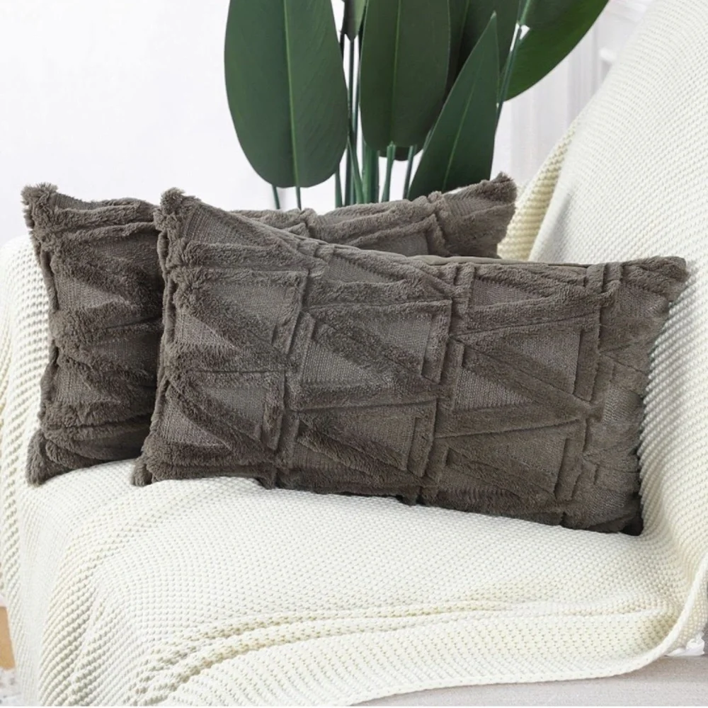 Luxury Home | Boho Chic Taupe Geo Short Wool Faux Fur Lumbar Throw Pillow Covers